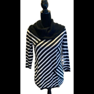 Cato Sweater Cowl Neck Size Medium Sparkle Thread Black White Stripes 51% Cotton